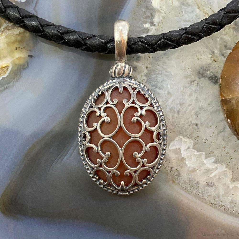 Carolyn Pollack Sterling Oval Frosted Orange Agate Enhancer Pendant For Women